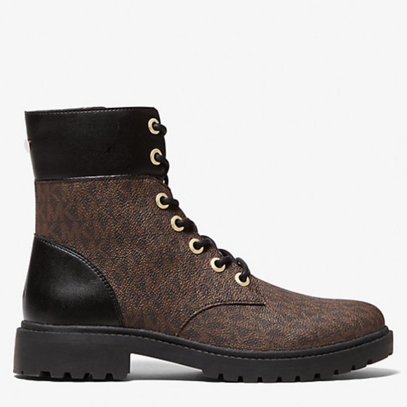 BRAND NEW BROWN MICHAEL KORS Alistair Signature Logo Combat Boots SIZE 9 9.5 - Picture 2 of 5